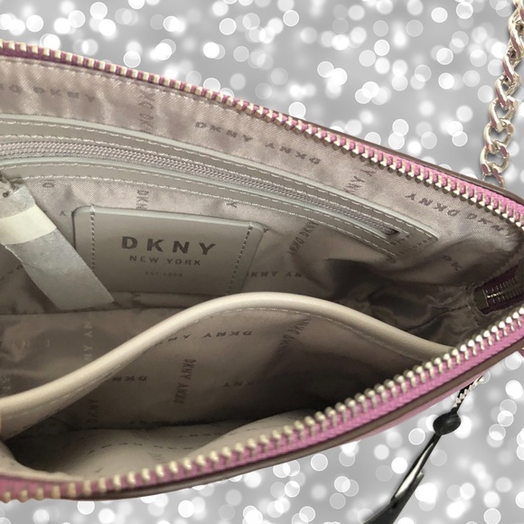 🦋Rare Color DKNY Lilac Genuine Leather Dome Crossbody Bag Silver Tone Chain - Picture 12 of 15